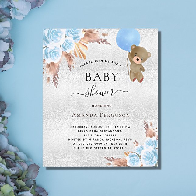 Baby shower pampas grass silver teddy bear budget flyer (Creator Uploaded)
