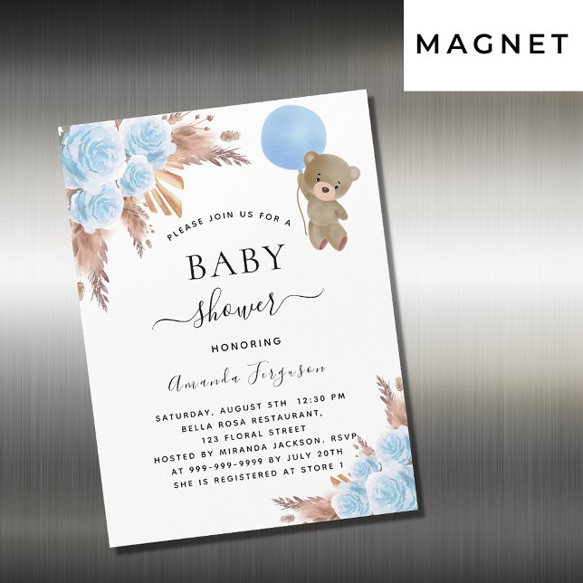 Baby shower pampas grass teddy bear blue luxury magnetic invitation (Creator Uploaded)