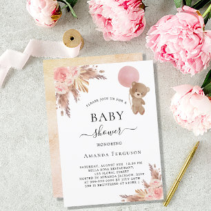 Baby shower pampas grass teddy bear pink girl invitation