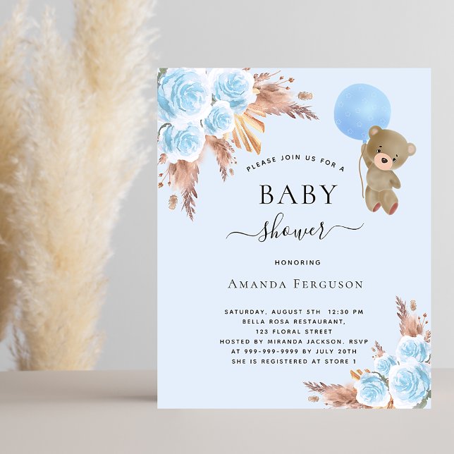 Baby shower pampas teddy bear blue invitation (Creator Uploaded)