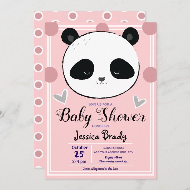 Baby Shower Panda Face and Pink Polka Dots Invitation (Front/Back)