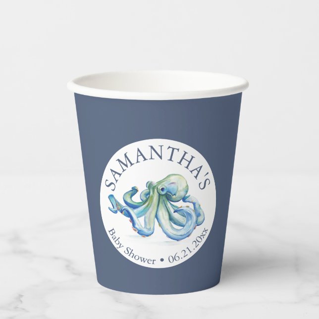 Baby Shower Paper Cups Boy Blue Octopus (Front)