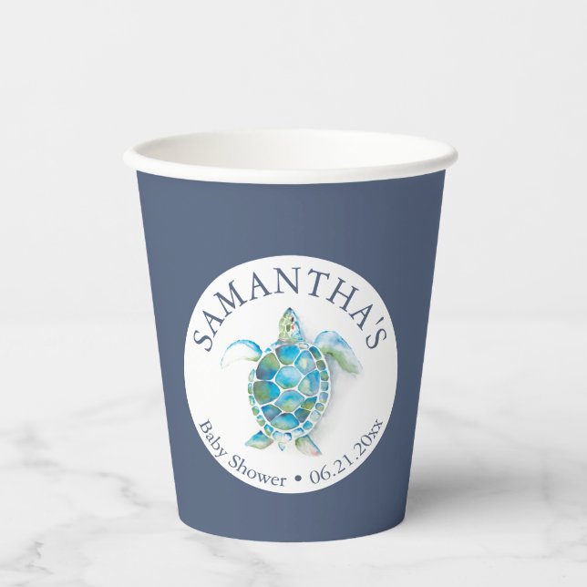 Baby Shower Paper Cups Boy Blue Sea Turtle (Front)