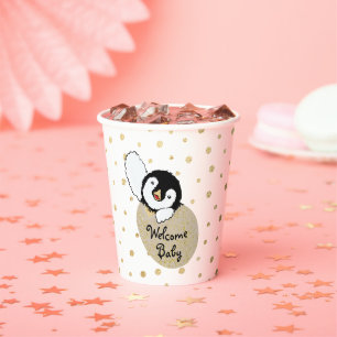Baby Shower Paper Cups "Gold Baby Penguin" 8 oz.
