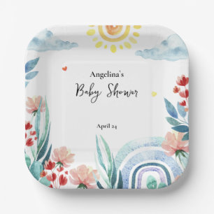 Baby Shower Paper Plate with watercolor plant.