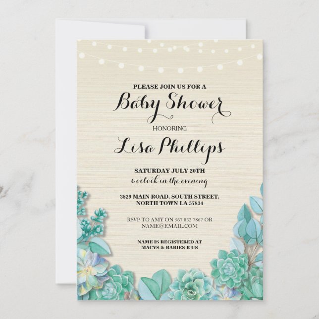 Baby Shower Party Mint Succulents Rustic Invite (Front)