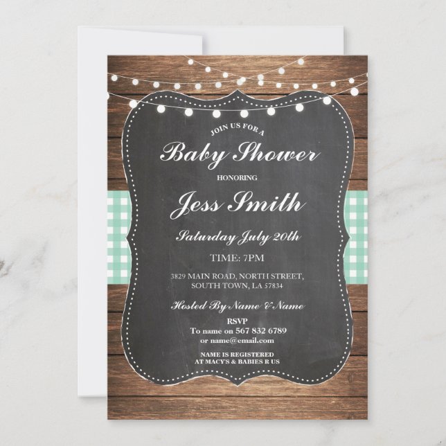 Baby Shower Party Rustic Burlap Mint Wood Invite (Front)