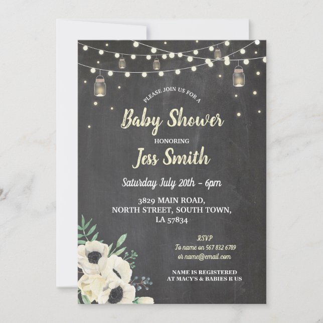 Baby Shower Party Rustic Chalk Fireflies Invite (Front)