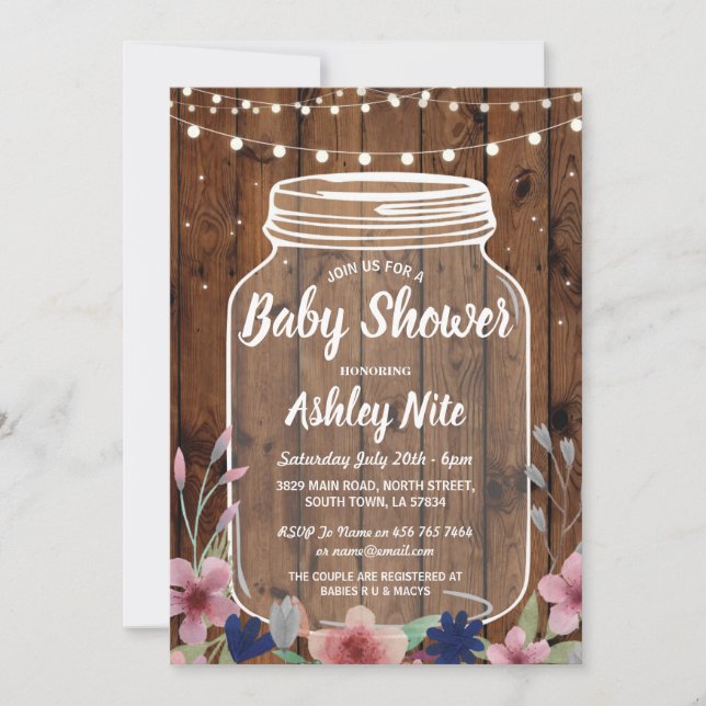 Baby Shower Party Rustic Jar Wood Floral Invite (Front)