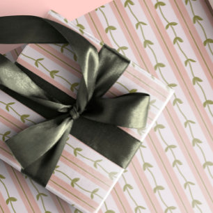 Baby Shower Pastel Pink Stripe Botanical Green Vin Wrapping Paper