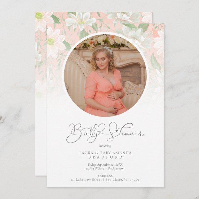 Baby Shower Peach Floral Botanical Photo (Front/Back)