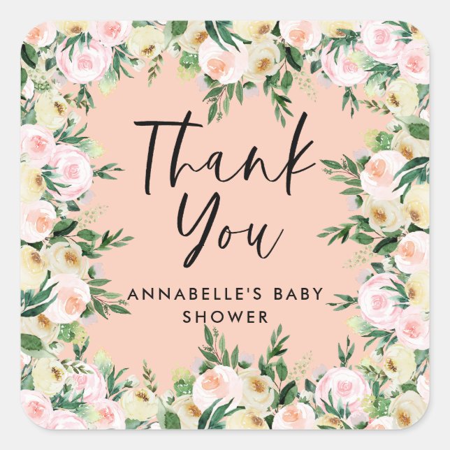 Baby shower peach girly floral thank you square sticker (Front)
