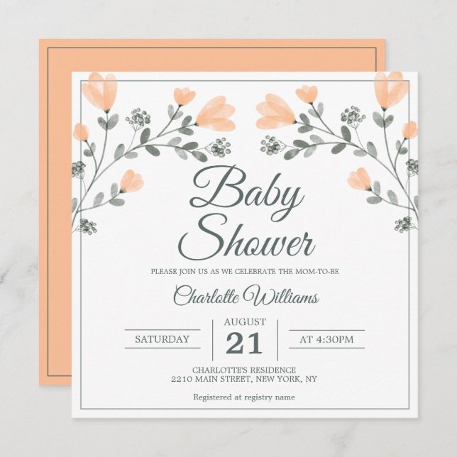 Baby Shower Peach Sage Green Delicate Flowers Invitation (Front/Back)