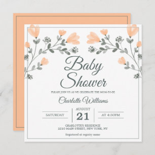 Baby Shower Peach Sage Green Delicate Flowers Invitation