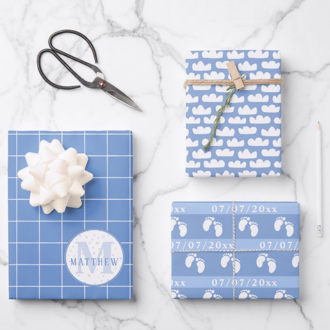 Baby Shower Personalised Birth Date and Monogram Wrapping Paper Sheet (Front)