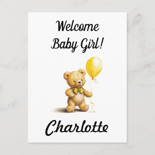 Baby Shower, Personalised Teddy Bear Card, Unisex, Postcard (Front)