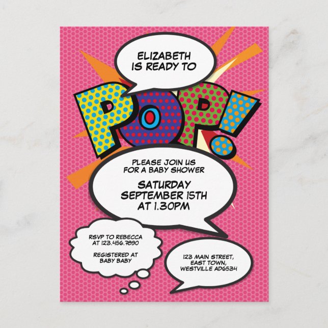 Baby Shower Photo Modern Pink Fun Comic Invitation Postcard (Front)