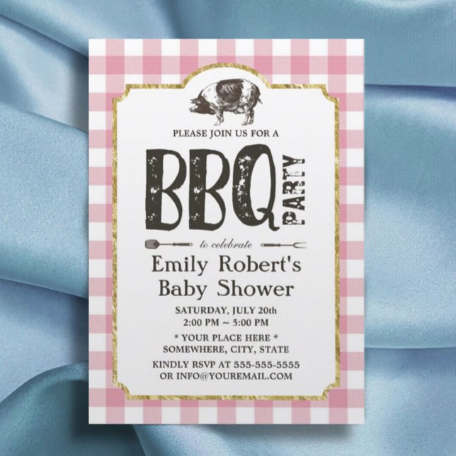 Baby Shower Pig Roast BBQ Pink Plaid Invitation (Creator Uploaded)
