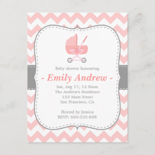 Baby Shower - Pink and White Chevron with Stroller Invitation