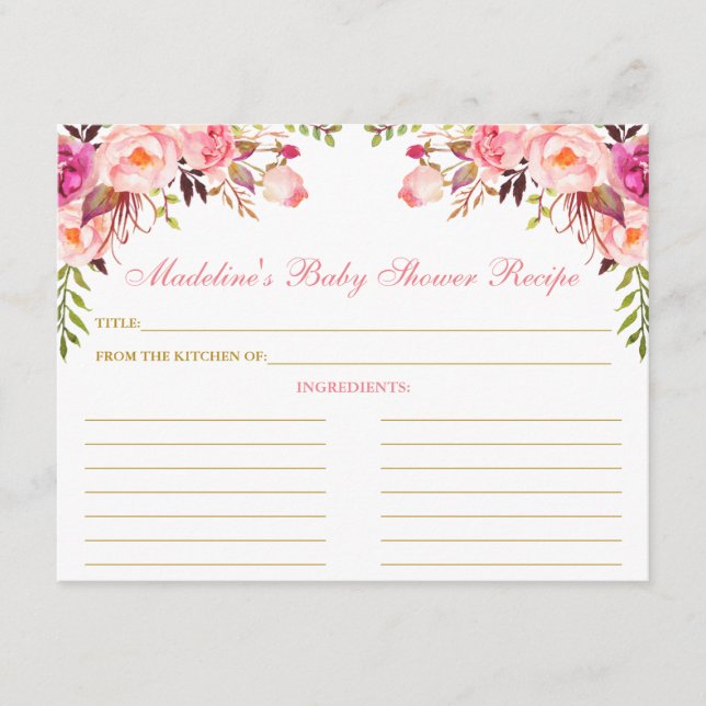 Baby Shower Pink Blush Floral Gold Recipe Card (Front)