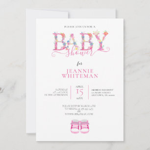 BABY SHOWER, PINK BOOTIES, PINK FLORAL INVITATION