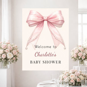 Baby Shower pink bow cream ivory pearls welcome Poster