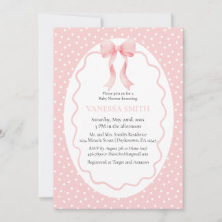 Baby Shower Pink Bow Dots Baby Girl Modern  Invitation