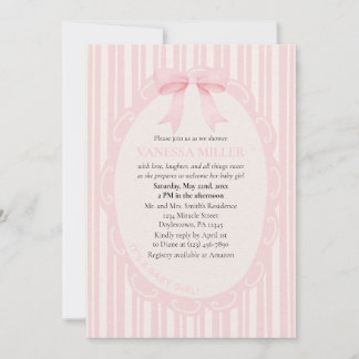 Baby Shower Pink Bow Stripes Baby Girl Cute Modern Invitation