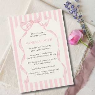 Baby Shower Pink Bow Stripes Baby Girl Modern Invitation