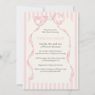 Baby Shower Pink Bow Stripes Baby Girl Modern  Invitation