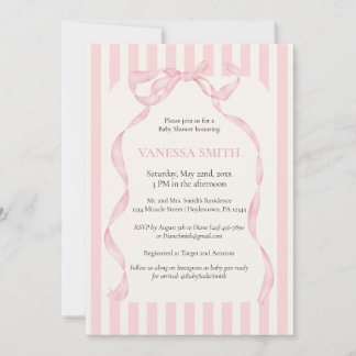 Baby Shower Pink Bow Stripes Baby Girl Modern  Invitation