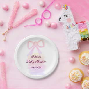Baby shower pink bow watercolor elegant modern paper plate