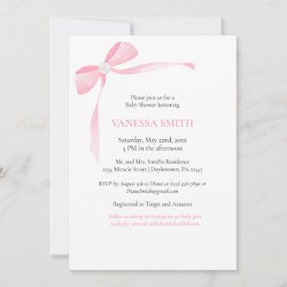 Baby Shower Pink Bow White Pearl Baby Girl Modern  Invitation