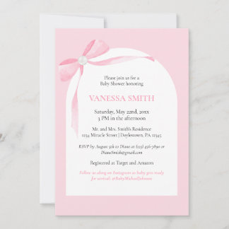 Baby Shower Pink Bow White Pearl Baby Girl Modern  Invitation
