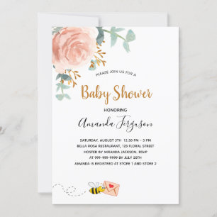 Baby Shower pink bumble bee floral greenery girl Invitation