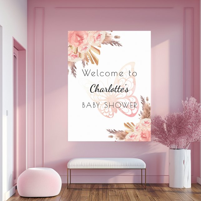 Baby Shower pink butterfly roses pampas welcome Poster (Creator Uploaded)