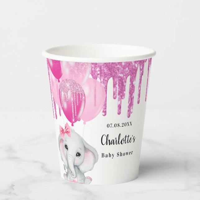 Baby Shower pink elephant girl balloons Paper Cups (Front)