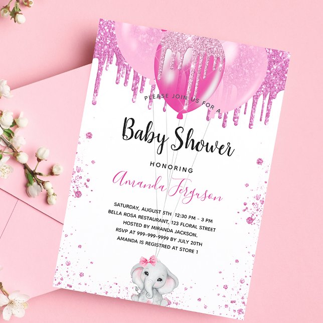 Baby Shower pink elephant girl white balloons Invitation (Creator Uploaded)