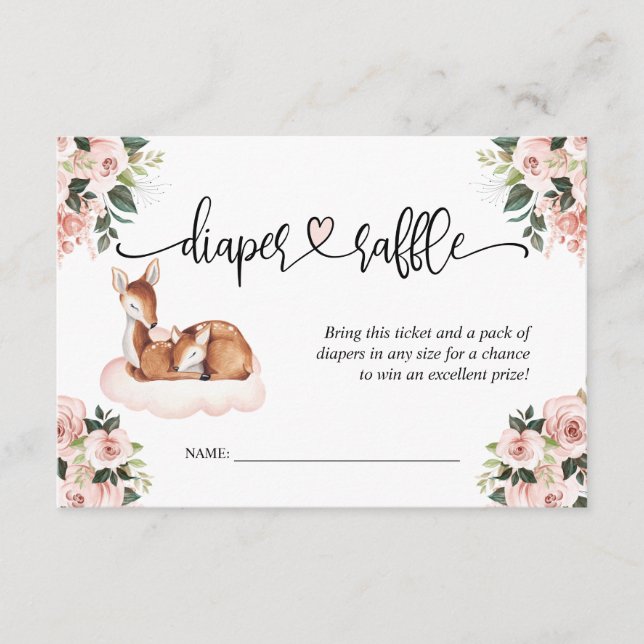 Baby Shower Pink Floral Deer Diaper Raffle Enclosure Card (Front)