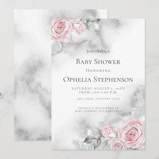 Baby Shower Pink Floral Roses Invitation (Front/Back)