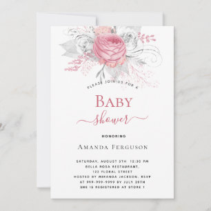 Baby Shower pink florals elegant silver white girl Invitation
