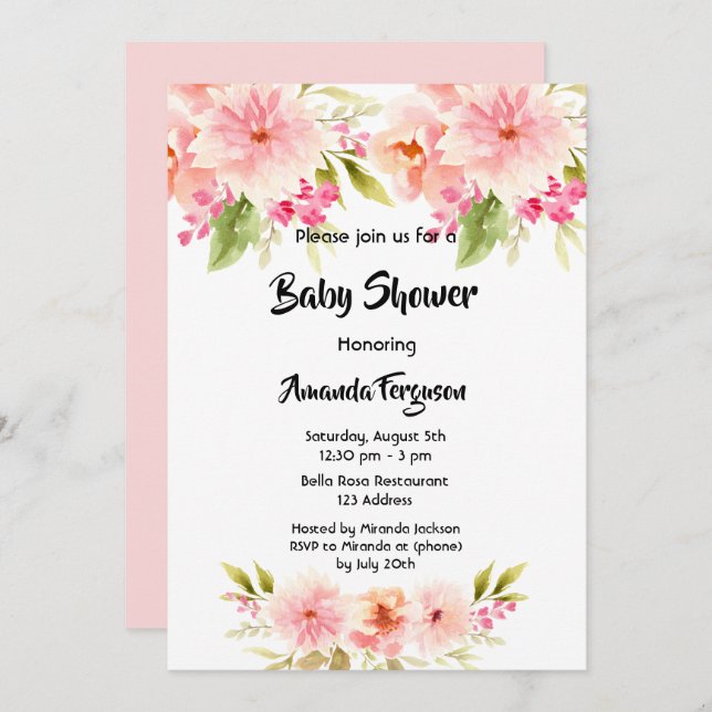 Baby Shower pink flowers white girl Invitation (Front/Back)