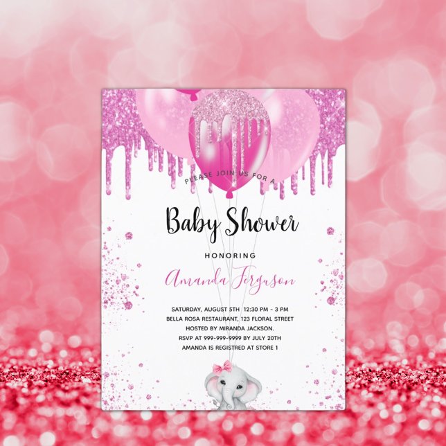 Baby Shower pink glitter balloon elephant girl  Invitation Postcard (Creator Uploaded)