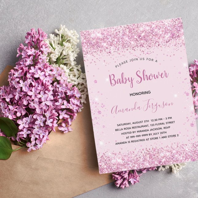 Baby Shower pink glitter girl script Invitation (Creator Uploaded)