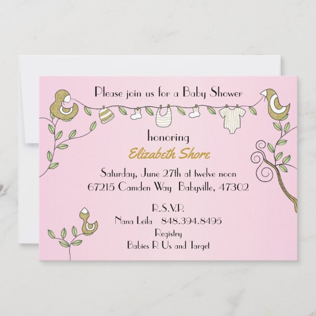 Baby Shower Pink Invitation "Gold Birds" (Front)