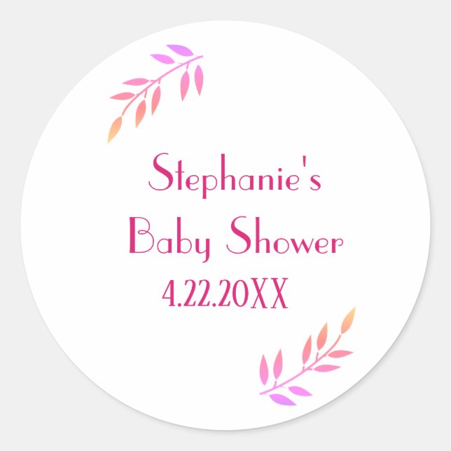 Baby Shower Pink Leaf Pattern Girls Girly Cute Classic Round Sticker (Front)