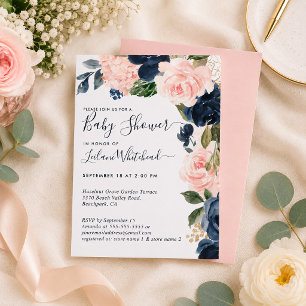 Baby Shower Pink Navy Floral Cascade Invitation