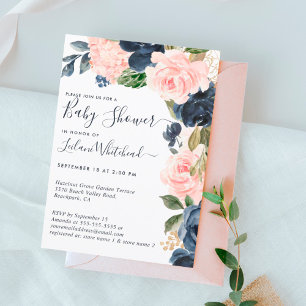 Baby Shower Pink Navy Floral Cascade Invitation
