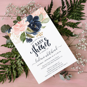  Baby Shower Pink Navy Floral Cluster Invitation