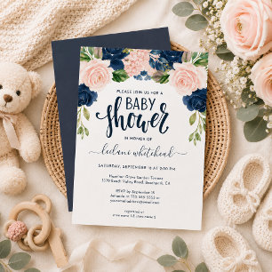  Baby Shower Pink Navy Floral Invitation